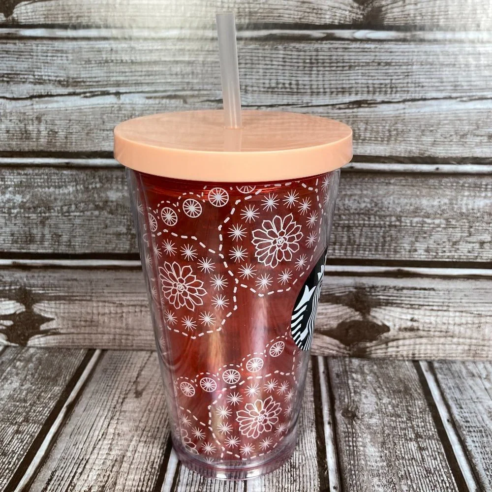 STARBUCKS 16 Oz. Peach Siren Tumbler Straw Cold Cup Reusable Floral Design